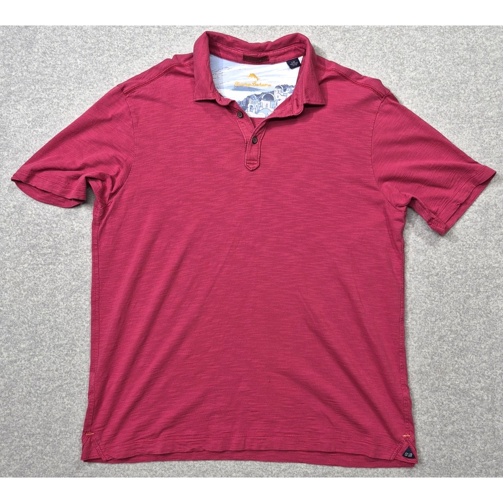 Tommy Bahama Polo Shirt Mens Large L Red Pima Cotton Floral Collar Vacation Golf
